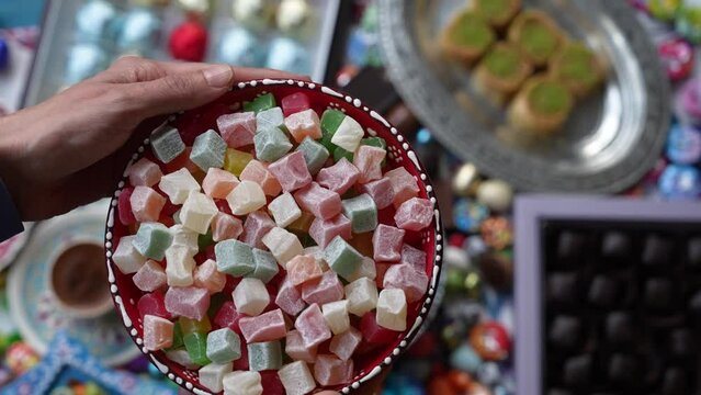 Colorful Ramadan Feast Candy and Chocolate Video in Traditional Ottoman Cuisine Desserts, Eid Celebration Video Among Family with Sugar and Chocolate, &Uuml;sk&uuml;dar Istanbul, Turkiye (Turkey)