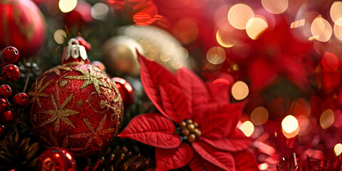 Illuminated table with autumn Christmas gifts wrapped in glittering paper beside festive poinsettias set a holiday scene Romantic Love Affair Elegant .