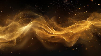 Gold flow and golden glitter smoke particles background, shimmer glow or dust light spray. Golden fragrance flow effect with magic glitter fluid sparkles and shine gleaming flares. AI Generative