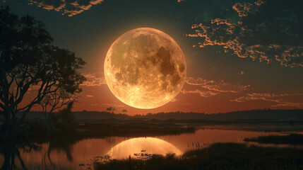 A massive glowing supermoon rising over a peaceful landscape casting an ethereal glow over the surroundings. . . - obrazy, fototapety, plakaty