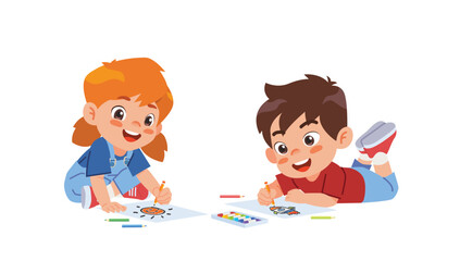 Cute boy and girl sitting and lying drawing with colored pencils lying on the floor.