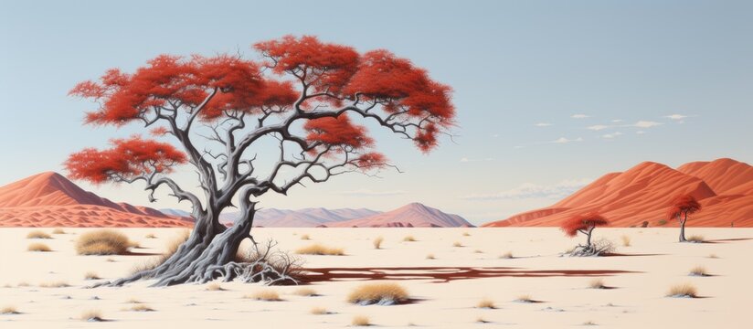 Scenic artwork depicting a vast desert landscape with a solitary tree and majestic mountain in the background