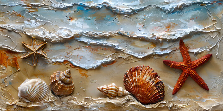 Summer background with seashells and starfish on a sandy beach against the backdrop of a wave. Mixed colorful sea shells decorated on the cement wall as background.