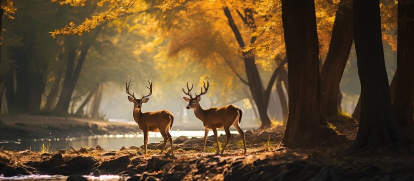 Amidst the colorful autumn foliage, two deer are spotted standing near a gentle stream in the tranquil forest setting.
