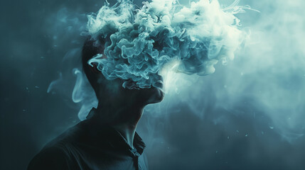 The concept of the disease of Alzheimer, forgetting memories and memory, and mental health issues, symbolized by the blurred head of a man obscured by dense smoke.