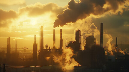 Obraz premium silhouette of polluting factories, power plants and industrial buildings emitting dense smoke from their chimneys, at sunset with golden light for an anti-pollution banner