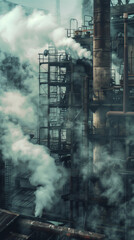 Industrial complex emitting steam amidst metal frameworks under a cloudy sky. Heavy pollution  from a favtory for a vertical wallpaper with a blue tone