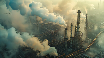Scene of an aerial landscape of a polluted urban area, with roads and factory chimneys emitting white toxic clouds. Global warming and climate disaster.