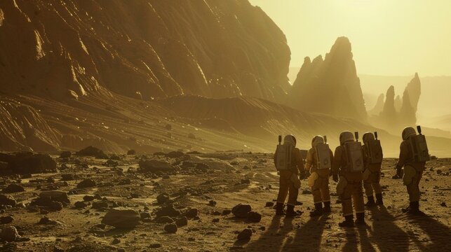 A group of astronauts stands on a desolate moon their backs to the camera as they marvel at the strange and otherworldly formations . .