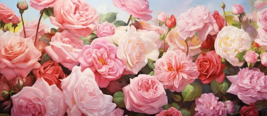 Vivid painting showcasing a stunning field of pink roses set against a backdrop of a picturesque blue sky
