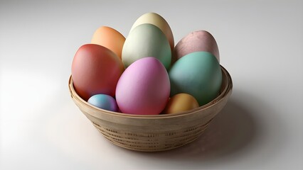 Colorful easter eggs in basket isolated on white background 