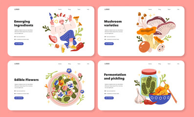 Culinary Trends Series set. Artful depictions of emerging ingredients, diverse mushrooms, edible flowers, and the art of fermentation and pickling. Vector illustration for food enthusiasts - 774553131