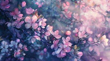 Ethereal nightlight illuminating blooming spring blossoms, pastel watercolor fantasy, garden whispers - obrazy, fototapety, plakaty