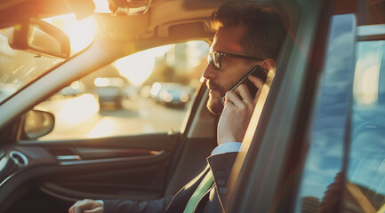 Naklejka premium Professional businessman in suit discussing on phone during commute in the back seat of the car
