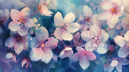 Pastel moonlit night, where fantasy floral blooms meet the soft light, watercolor petals close-up, capturing the essence of spring