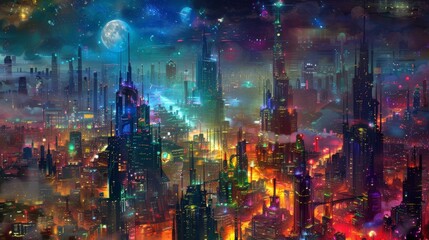A panoramic view showcases the mesmerizing chaos of an urban jungle at night. The colorful lights form a labyrinth of streets and buildings illuminated by the glow of the - obrazy, fototapety, plakaty
