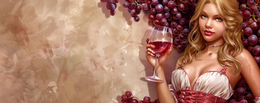Illustration for the celebration of the Wine Festival. Girl, wine, grapes.