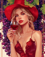 Illustration for the celebration of the Wine Festival. Girl, wine, grapes.