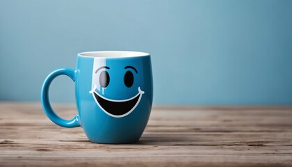 Cheerful small blue mug with smile emoji, set against blue backdrop, ideal for Blue Monday banner with space for text