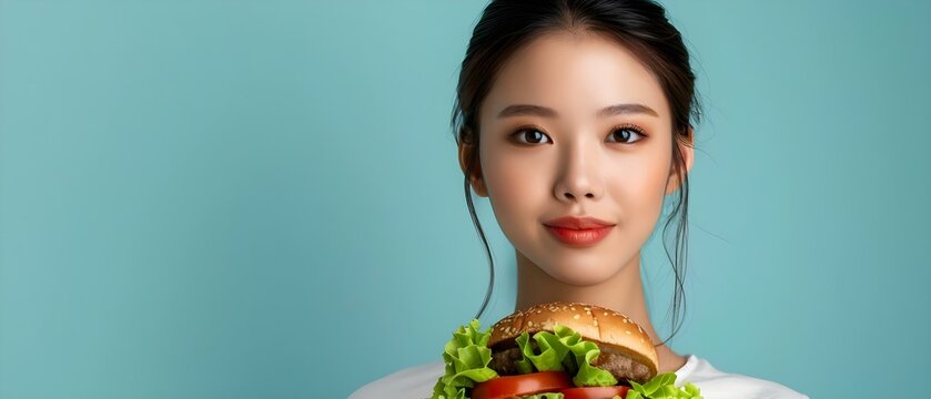 Asian woman choosing salad over hamburger promoting healthy eating and weight loss. Concept Healthy Eating, Weight Loss, Asian Woman, Salad vs Hamburger, Promotional Shot