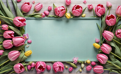 Greeting card, spring background with pink tulips blossom at a corner of greeting card. large copyspace for texts