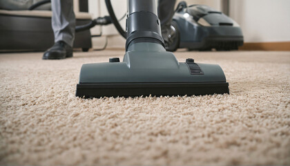 Premium carpet grooming for professional facilities close-up view of janitorial vacuum nozzle on commercial carpet highlights expertise in floor care and maintenance for advertising purposes