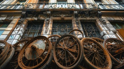 Fototapeta premium A composition of several rusted bicycle wheels stacked in a pile in front of a vintage building adorned with intricate architectural details. The contrast between the delicate