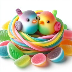 a couple duck in water made of pastel color rainbow gummy candy on a white background