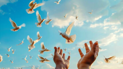 A hand is reaching up to the sky, surrounded by a flock of white birds. Concept of peace and freedom, as the birds soar through the air with the hand reaching out to them. The scene is serene