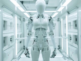 Sleek 3D printed robot man in clean room, bright white light, wide lens ,digital photography