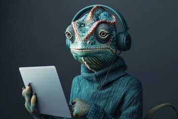A lizard wearing headphones and holding a tablet.