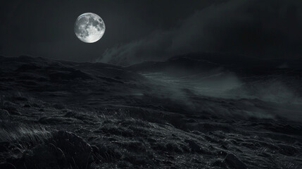 The stark contrast between the dark foreboding shadows and the ethereal moonlight lends an eerie beauty to this deserted landscape. . . - obrazy, fototapety, plakaty