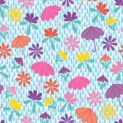 Fototapeta na wymiar Raindrops make colorful spring flowers and umbrellas seamless pattern print background
