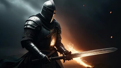 medieval knight on fire sword - Powered by Adobe