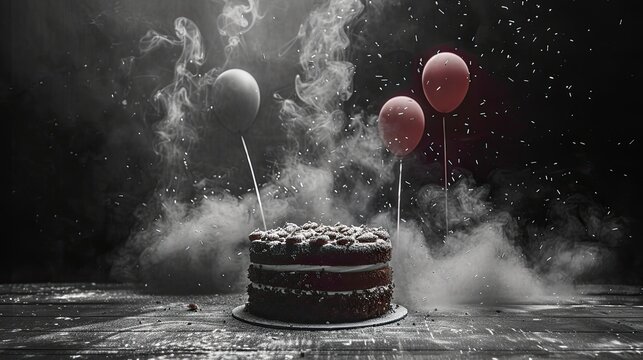 Creative image of a cake and balloons on an abstract background.