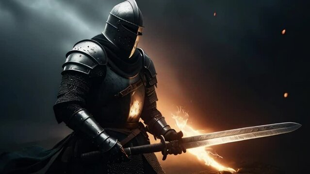 medieval knight on fire sword