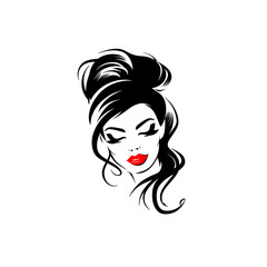 Logo of the face of a beautiful woman with long hair. To create logos, stickers, decals for advertising cosmetics and personal care products