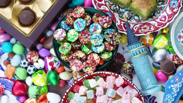 Colorful Ramadan Eid Candy and Chocolate, Traditional Ottoman Cuisine Desserts Video, &Uuml;sk&uuml;dar Istanbul, Turkiye (Turkey)