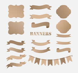 Set of brown banners of different shapes and sizes.