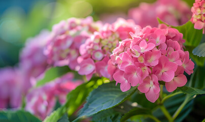 Pink hydrangeas blooming in June, Generative AI
