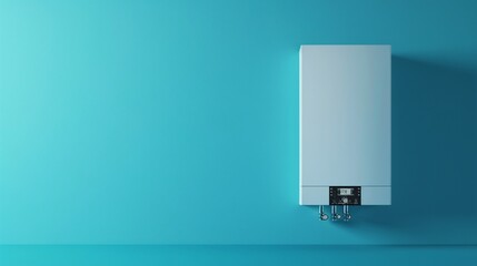 Residential heating and energy conversation exemplified by a gas boiler set on a blue background, focusing on home comfort, high-resolution