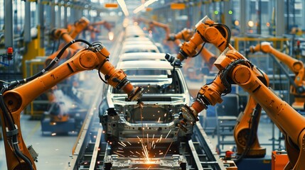 Robotic arms in motion within a bustling car manufacturing plant, showcasing the precision and efficiency of modern automated industrial processes