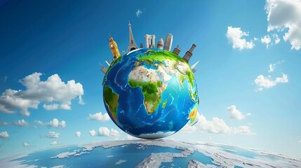 An inspiring world travel concept presenting famous global landmarks rising above the Earth against a bright blue sky, capturing the spirit of adventure.