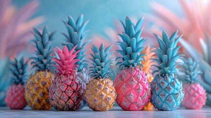 Unconventional artistry shown with brightly colored pineapples, challenging traditional aesthetics, D render
