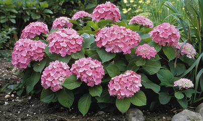 Fototapeta premium Pink hydrangeas blooming in June, Generative AI