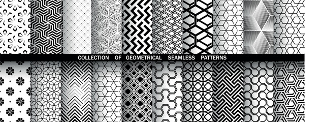 Geometric set of seamless black and white patterns. Simple vector graphics. - 774555376