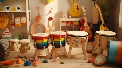 A collection of musical instruments for kids, from tambourines to xylophones, - obrazy, fototapety, plakaty