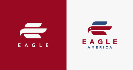 Abstract E letter for eagle logo icon vector template on red white background, American eagle logo - obrazy, fototapety, plakaty