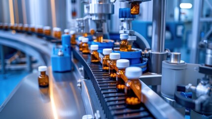 Automated pharmaceutical production line with vials and precision machinery in a modern drug manufacturing facility.