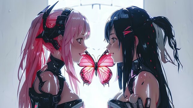 Two Anime Girls, One With Pink Hair And The Other Black Hair, On A White Background With A Butterfly. In The Cyberpunk Aesthetic, In A Chibi Style Digital Art Illustration. Generative AI